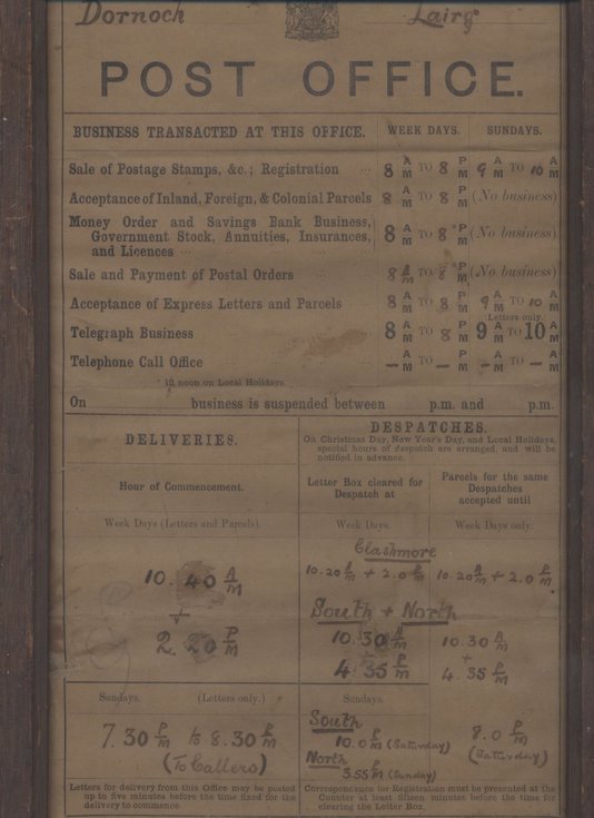 Framed notice of Dornoch Post Office delivery and despatch times
