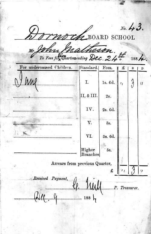 receipt from Dornoch Board School for school fees for Jane Matheson