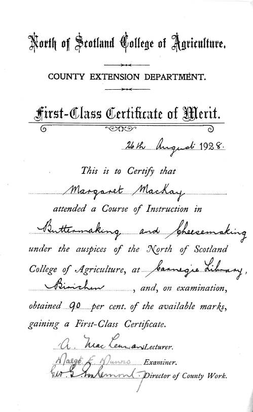 certificate awarded to Margaret MacKay from North of Scotland College of Agriculture