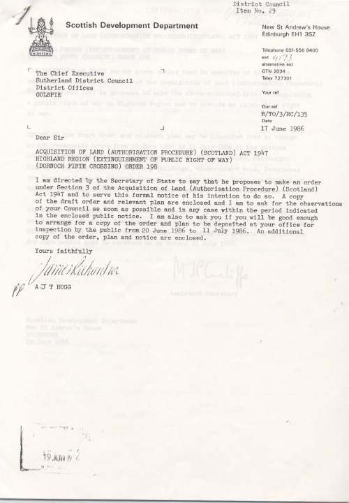 Letter to Sutherland District Council re new bridge at the Mound