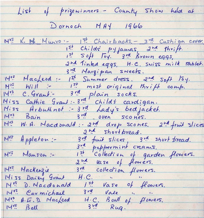 Dornoch SWRI - List of Prizewinners County Show May 1966