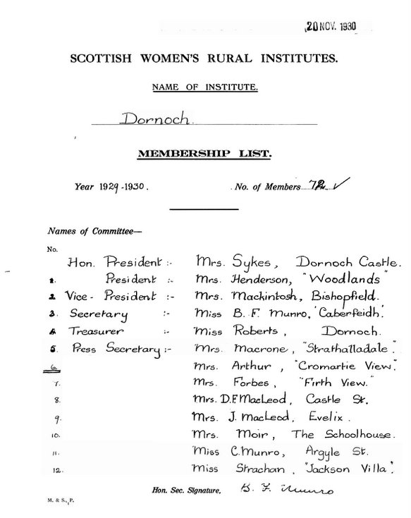 Dornoch SWRI - Membership List 1929-1930