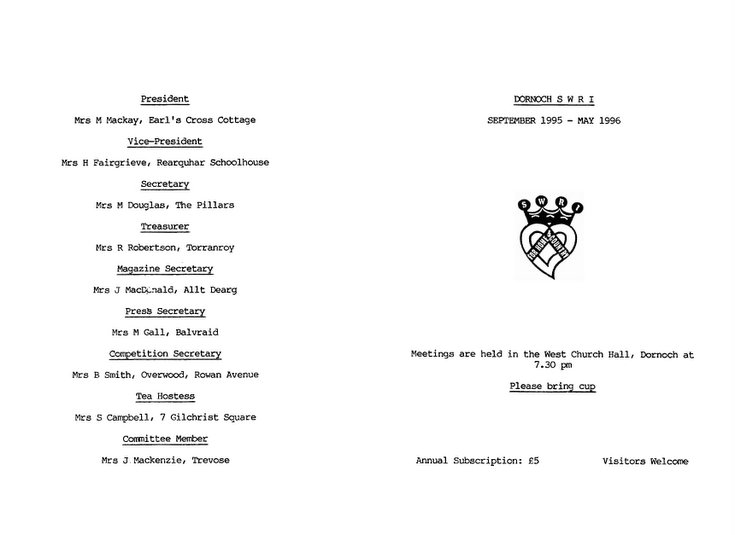 Dornoch SWRI - September to May Syllabus 1995-6 & 2004-5