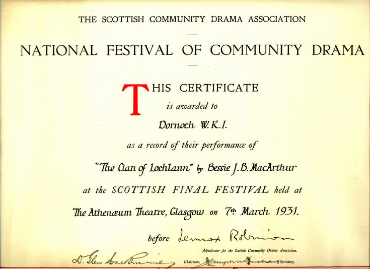 Dornoch SWRI - Community Drama Certificate 1931