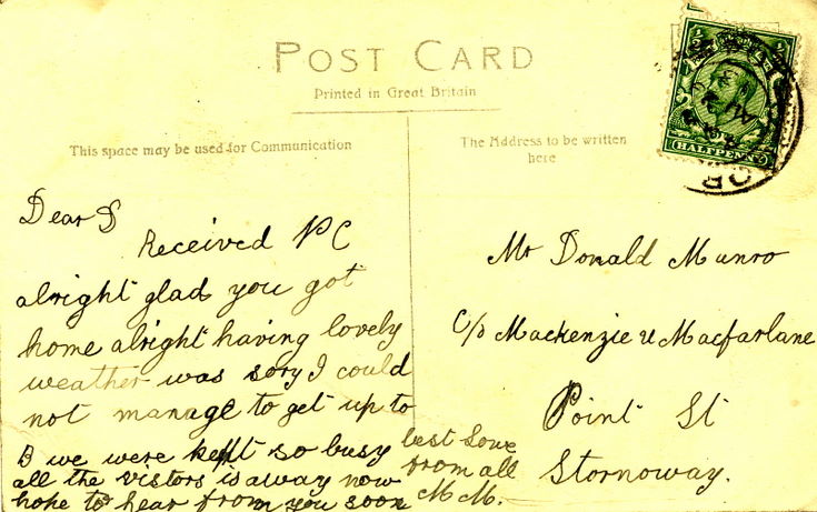 Reverse of a postcard of Skibo Castle from the Furness collection