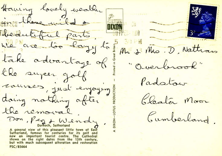 Reverse of a postcard of Dornoch from the Furness collection