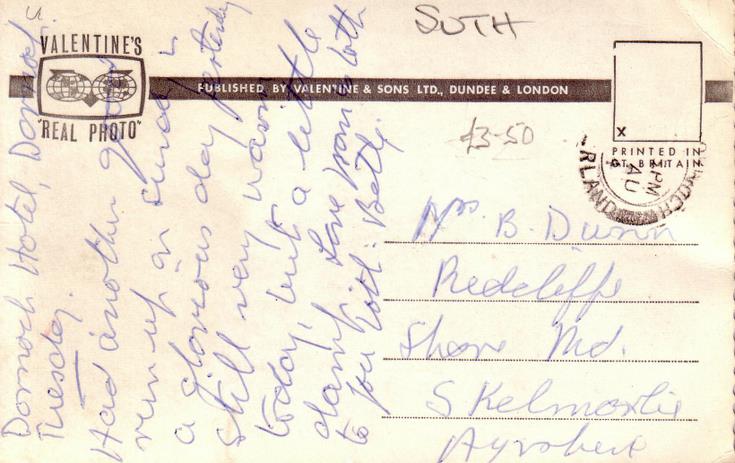 Reverse of Skibo Castle postcard Basil Hellier collection