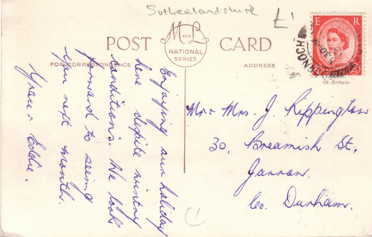 Reverse of postcard from the Basil Hellier Collection, showing the Cathedral and Post Office, Dornoch