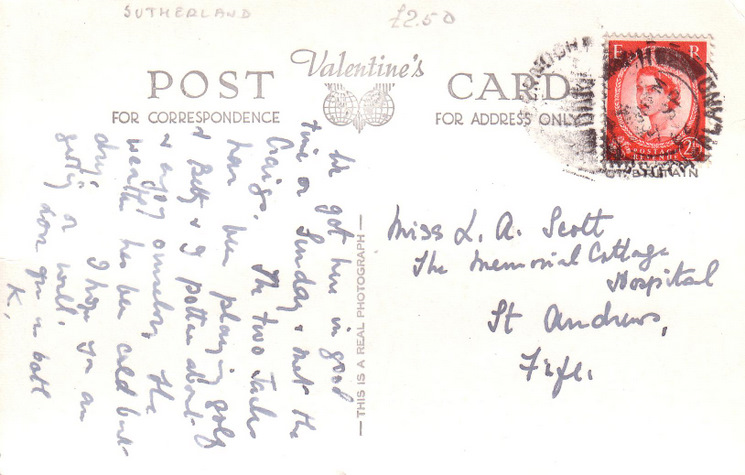 Reverse side of postcard from the Basil Hellier collection, showing the Cathedral and Post Office, Dornoch