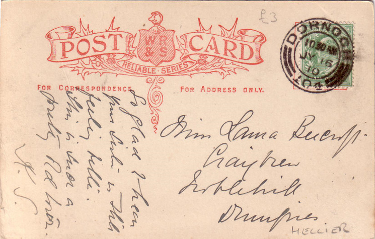 Reverse side of postcard from the Basil Hellier collection, showing Castle Street, Dornoch