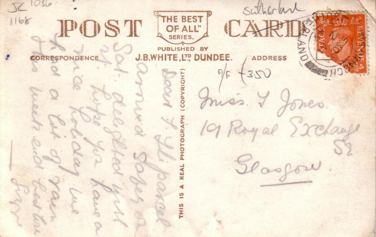 Reverse side of postcard from the Basil Hellier collection, showing Castle Street, Dornoch