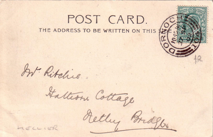 Reverse side of postcard from the Basil Hellier collection, showing Castle Square, Dornoch