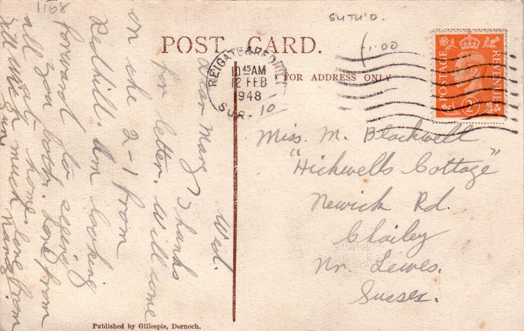 Reverse side of postcard from the Basil Hellier collection, showing the Burghfield House Hotel