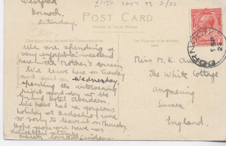 Reverse side of postcard from the Basil Hellier collection, showing the Earl's Cross, Dornoch