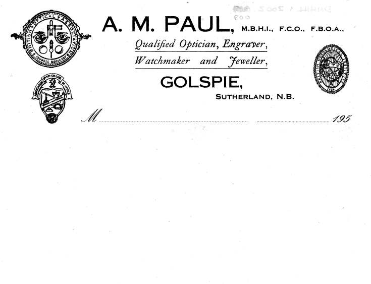 Samples of headed stationery for A.M. Paul, Optician, Engraver, Watchmaker and Jeweller.