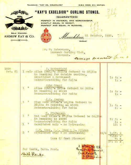 invoice from Andrew Kay & Co., Mauchline, for repair of curling stones to Dornoch Curling Club