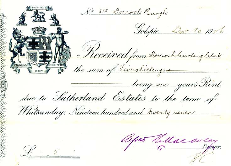 receipt from Sutherland Estates for ground rent for Dornoch Curling Club