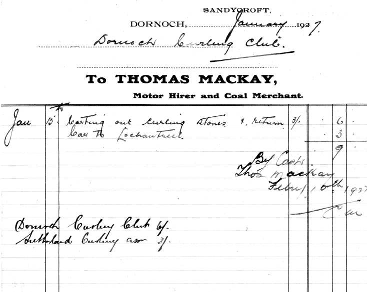 invoice from Thomas Mackay, Motor Hirer, for carting of curling stones to Dornoch Curling Club