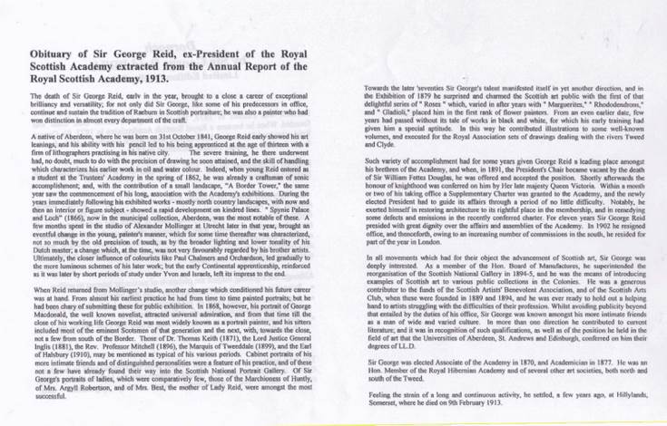 Obiturary of Sir George Reid and further information on his paintings