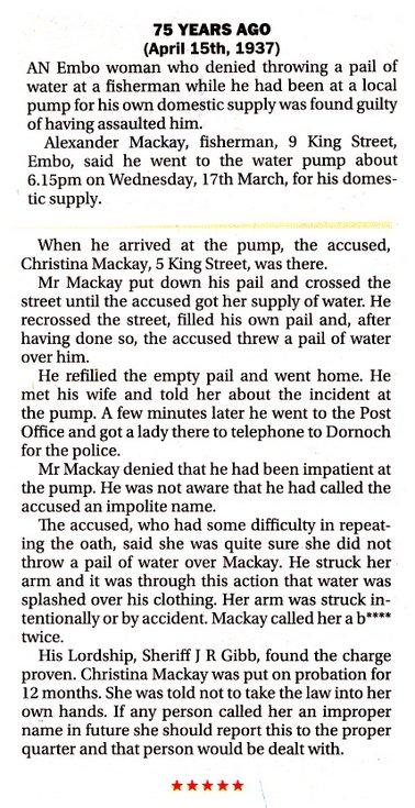 Dispute at Embo water pump for domestic supply April 1937