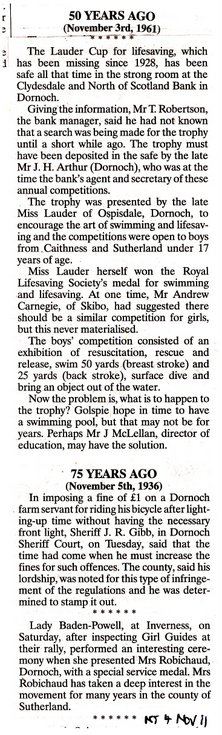 Lauder Cup for Lifesaving, fine for bicycle offence and special medal