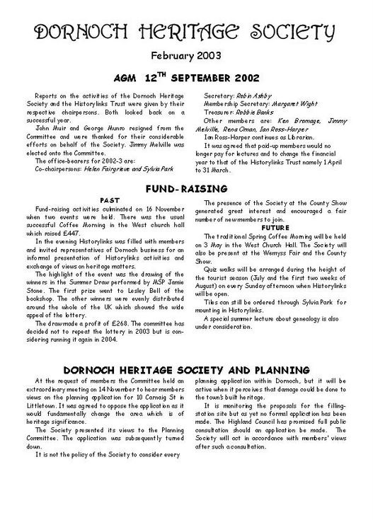 Dornoch Heritage Society Newsletter February 2003