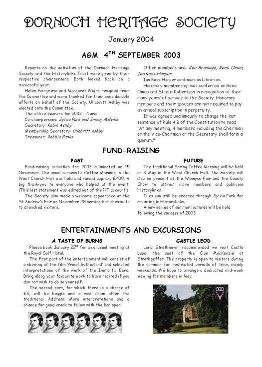 Dornoch Heritage Society Newsletter January 2004