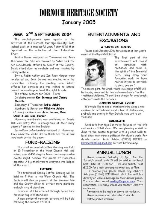 Dornoch Heritage Society Newsletter January 2005