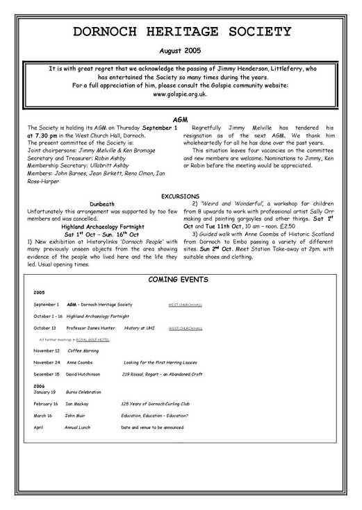 Dornoch Heritage Society Newsletter August 2005