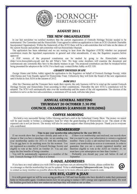 Dornoch Heritage Society Newsletter August 2011