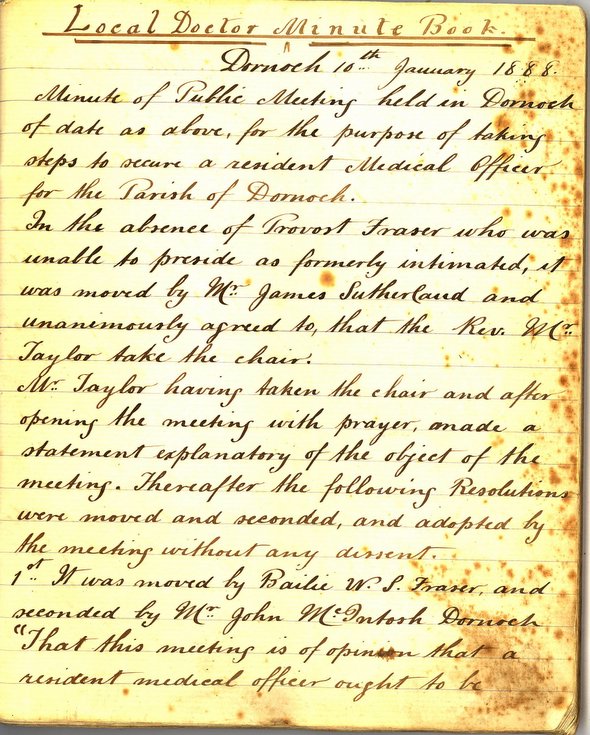Extract Dornoch Doctor Minute Book 10 January 1888
