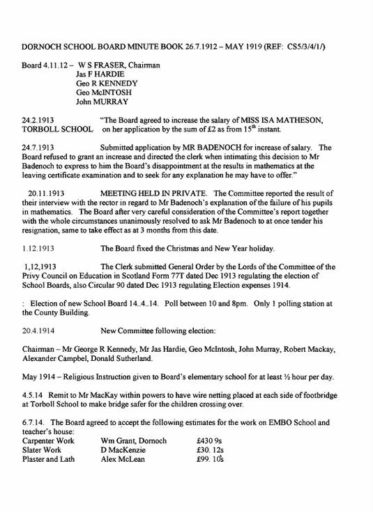 Notes on Dornoch School minutes of Board meetings 1912 - 19