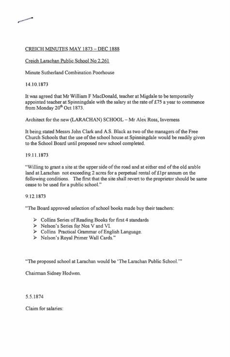 Notes from Criech/Larachan school board minutes 1873-88 & 1896-1911