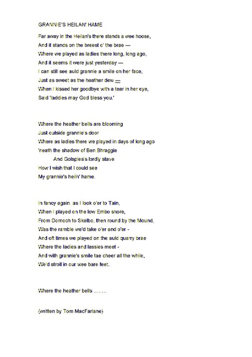 Grannie's Heilan' Hame song sheet - History & Stories of Embo