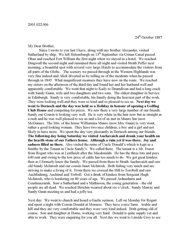 Typewritten copy of a letter of 1887 relating to Achvaich