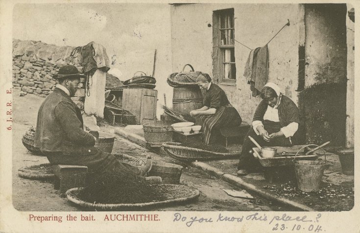 Fishing scenes around Scotland - ' Peparing the bait Auchmithie'