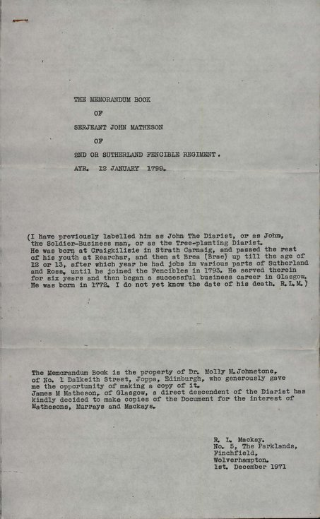 Memorandum of Sgt John Matheson Sutherland Fencib