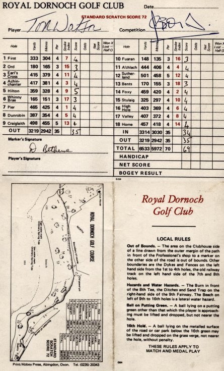 Tom Watson's score card at the RDGC 1981
