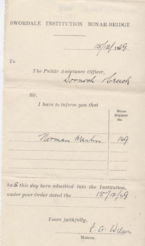 Admittance certificate to Swordale Institution for Norman Martin