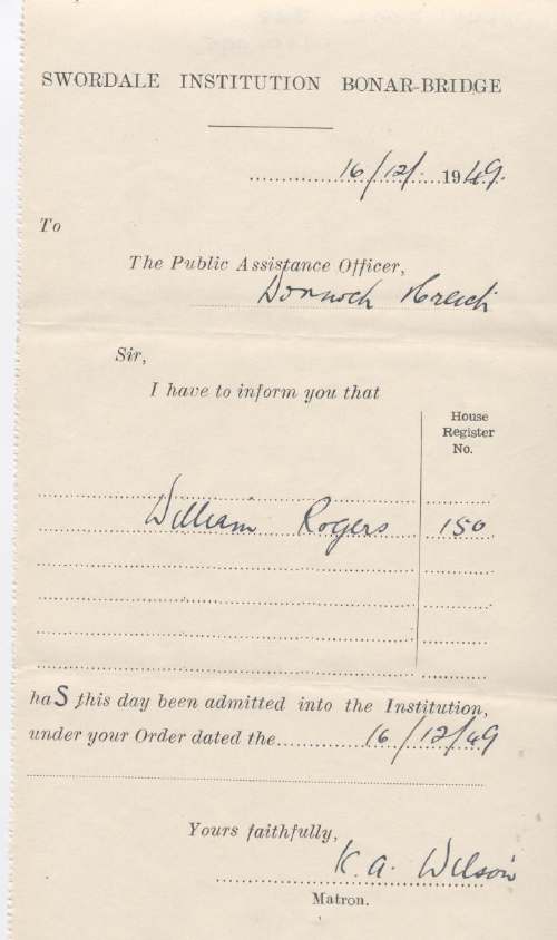Admission certificate of Swordale Institution for William Rogers