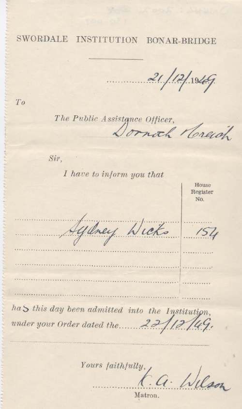 Admission certificate of Swordale Institution for Sidney Wicks
