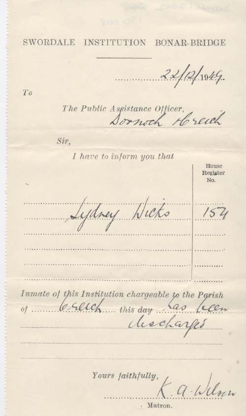 Discharge certificate of Swordale Institution for Sidney Wicks