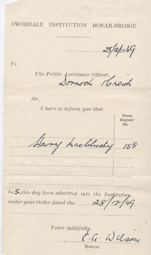 Admission certificate of Swordale Institution for Harry MacClusky