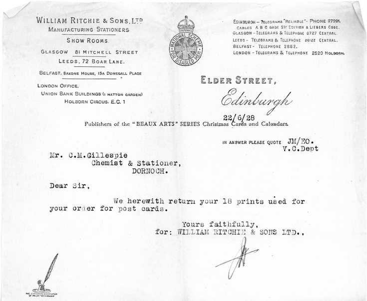 Letter concerning postcard order