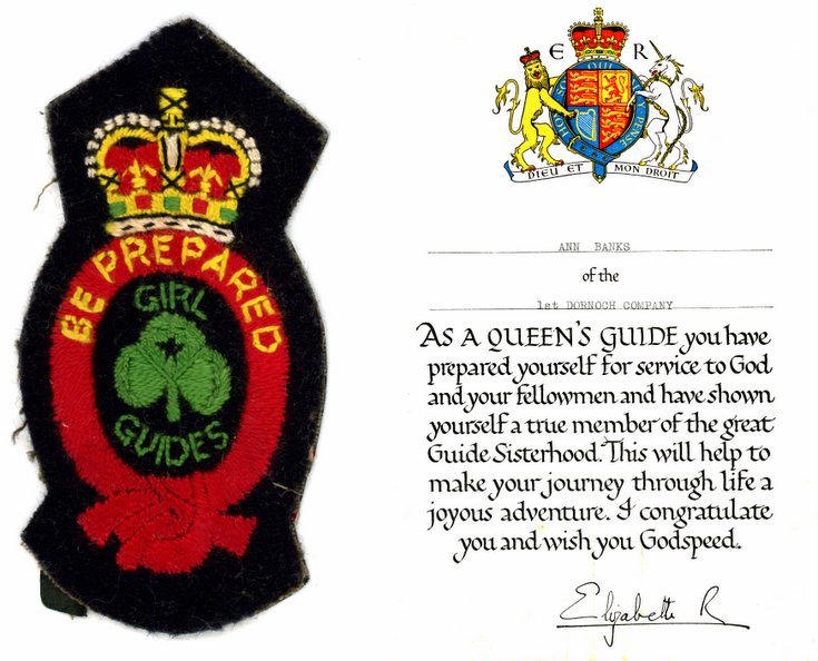 Cert + Queen's Guide Badge presented to Ann Banks