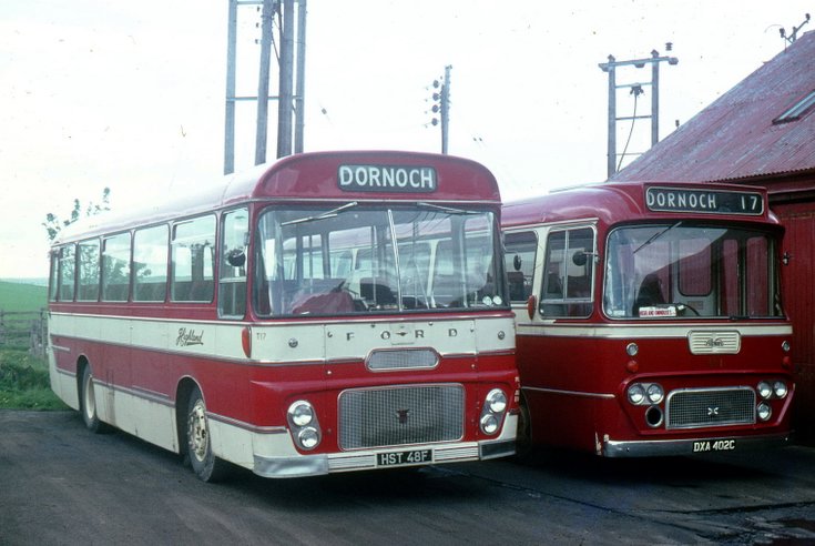 Two 1960's single deck buses at Dornoch garage