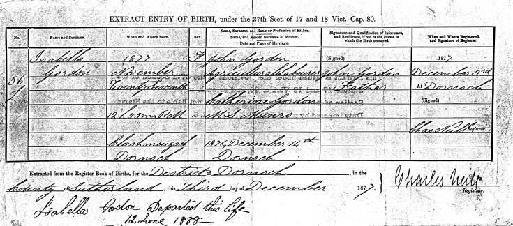 Isabella gordon birth certificate