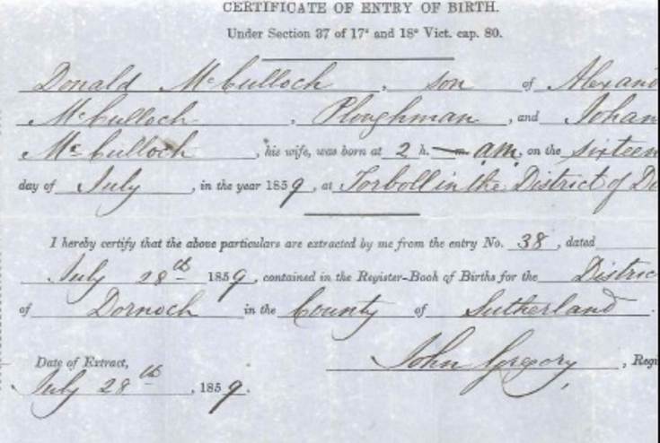 Birth Certificate Donald McCulloch 1859