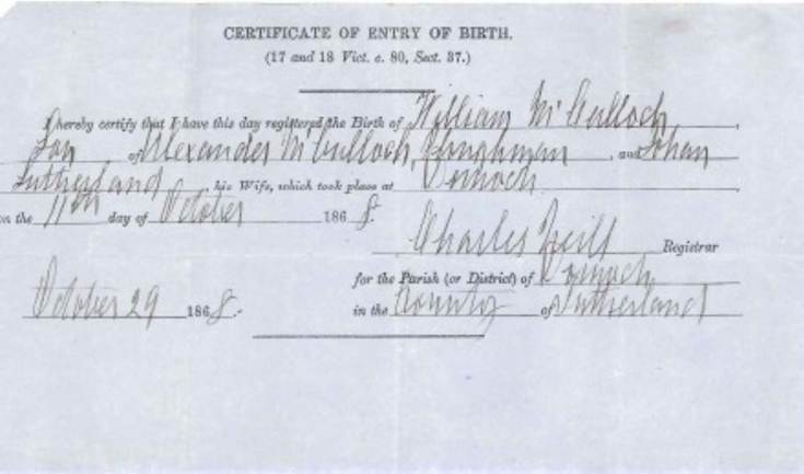 Birth Certificate William McCulloch 1868