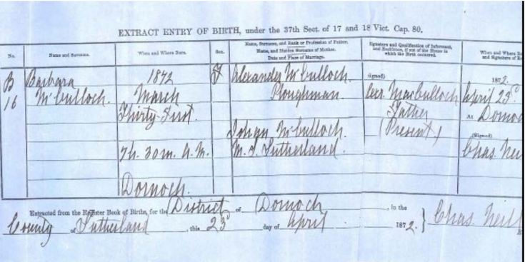 Birth Certificate Barbara McCulloch 1872